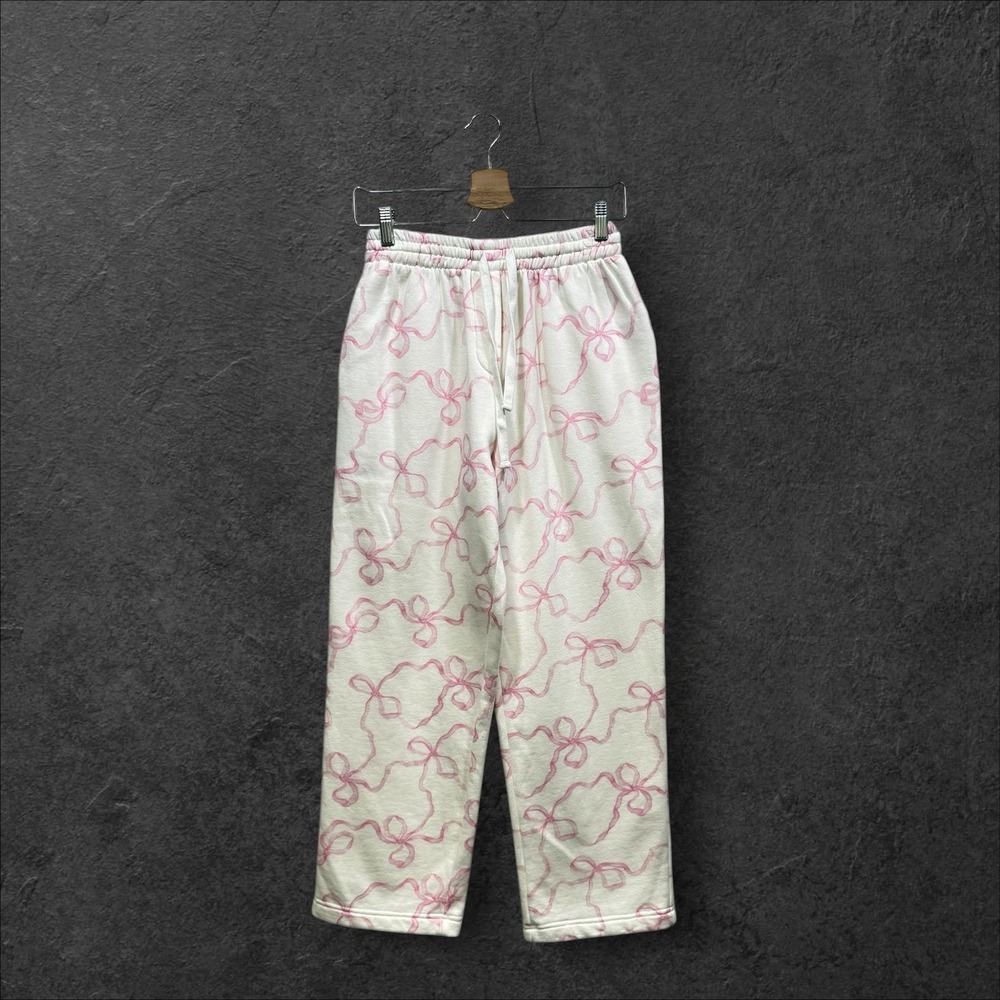 LoveShackFancy Women Pink‎ Bow Print Cotton  Sweatpants White XXS